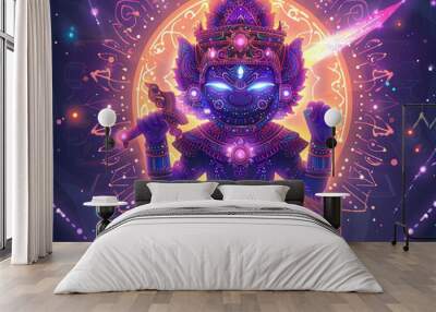 Medieval knight in armor. Portrait of gigantic cute Gemini deity warrior in a shining armor holding the pitcher. There is a geometric cosmic mandala zodiac style made of lights in the background Wall mural