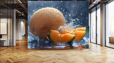 MELON splashing with water on elegant black background Japanese melon green with melon juice splash or explosion flying in the air isolated on black background Wall mural