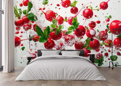 photography of RADISHES falling from the sky, hyperpop colour scheme. glossy, white background Radish with slices isolated on white background. Wall mural