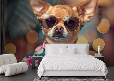 Photorealistic, miami vice style, Chihuahua, sunglasses, floral shirt, gold chain photo of a Chihuahua dog lying on a table in the park looking into the distance Wall mural