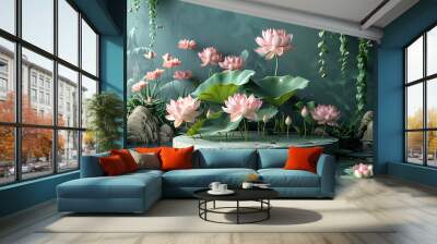 Podium background lotus pond product 3D platform nature scene display. Lotus pond podium background product stage beauty Wall mural