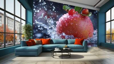 Vibrant MANGOSTEEN splashing with water and ice on elegant black background Wall mural