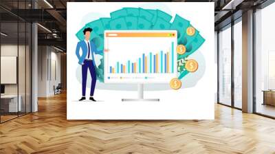 Business concept of presentation about investment growth, a businessman is presenting a diagram of bar chart to increase the investment value of the business in the background of cash and golden coin. Wall mural