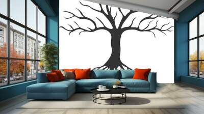 Hand drawn black icon of an isolated tree with roots. The element for decoration, emblems, logo Wall mural