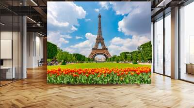 Eiffel Tower and spring tulips on Field of Mars, Paris, France Wall mural