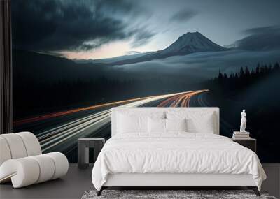 Sunset over the mountains with light motion speed blur Wall mural