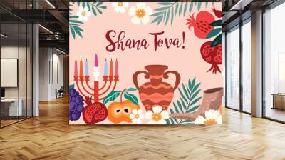 Rosh hashanah , Shana Tova - jewish new year holiday banner template design. Pomegranate, honey, wine, menorah, candle, star David, apple, shofar, flower Vector flat icon illustration
 Wall mural