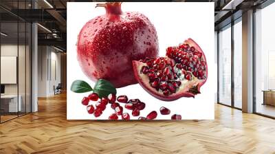  An HD image of a fresh pomegranate, cut open to expose the glistening deep red seeds, isolated on a Transparent background, PNG Cutout Wall mural