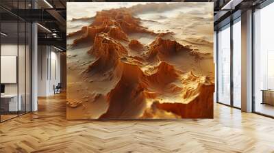 A desert landscape where 3D sand dunes merge into flat 2D shadows, taken with a tilt-shift lens for an ethereal depth of field. Wall mural