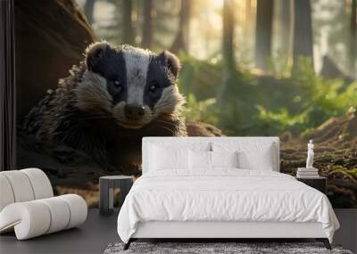 A European badger emerging from its burrow at dusk, shot with low-light photography to capture the texture of its fur and the twilight environment Wall mural