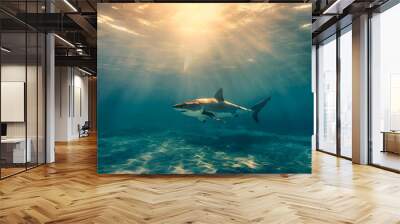 A majestic great white shark gliding through crystal-clear waters, its powerful silhouette highlighted against a sunlit ocean floor, with copy space and a serene blurred background Wall mural