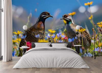 A pair of quails nestled among vibrant wildflowers, their iridescent plumage shining under the clear blue sky, offering plenty of room for text Wall mural