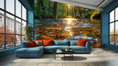 A picturesque nature spring with clear, bubbling water surrounded by lush vegetation, the sunlight creating a warm and inviting atmosphere Wall mural