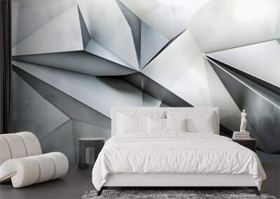 A realistic image of a geometric composition with sharp angles and intersecting lines in silver and gray, creating a metallic texture Wall mural