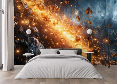 A starry sky where 2D constellations become 3D space debris, captured with deep space photography for intricate details. Wall mural