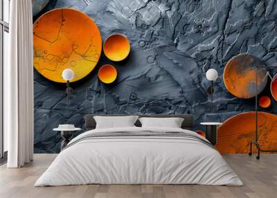 An abstract composition featuring oversized, vivid orange circles on a charcoal grey, rough textured backdrop, emphasizing the interplay of shadows and light Wall mural