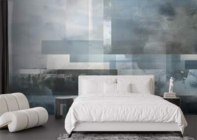 Artistic rendering of thin, layered rectangles in a cool palette of grays and blues, each layer slightly offset to create a visually compelling depth. Wall mural