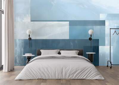 Capture a sophisticated geometric pattern with oversized, flat rectangles that transition through various shades of cool blues, mimicking the crispness of an icy landscape in HD Wall mural