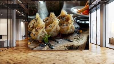 Fast food dumplings served with a side of soy sauce and pickled ginger, presented on a rustic wooden board Wall mural