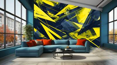 High-definition abstract design that combines sleek lines with angular geometric shapes, using a vibrant palette of lemon yellow against deep indigo, captured as if through an HD camera lens Wall mural