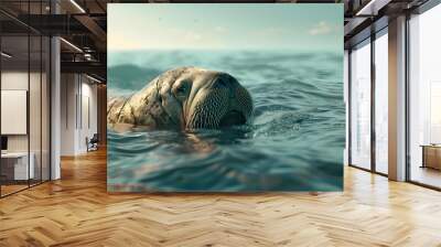 Magnificent walrus floating gracefully in the tranquil ocean, surrounded by softly blurred waves and a breathtaking horizon Wall mural