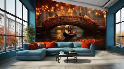 Under the bridges of a picturesque waterway, a gondola glides silently, carrying a couple wrapped in each other's arms, the soft glow of lanterns reflecting their love in the tranquil ripples below Wall mural