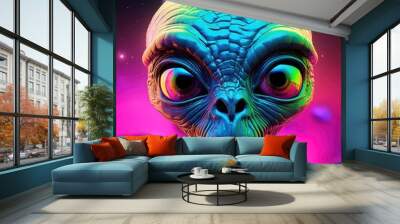 Cartoon alien with big eyes on a colourful otherworldly background Wall mural