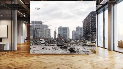 War in Ukraine. Damaged shopping center in Kyiv Wall mural