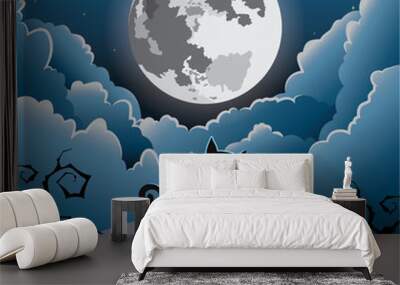 silhouette of two cat under the full moon ,halloween vector Wall mural