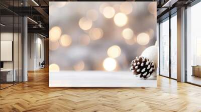 Christmas ornaments with pinecones on white table, bokeh lights background banner Wall mural