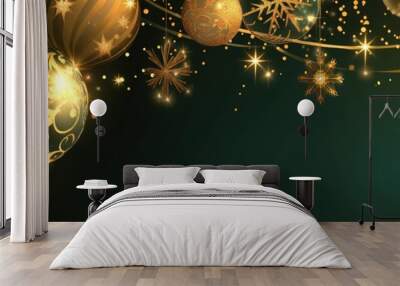 Golden Christmas baubles and stars hanging on string with sparkling lights against dark green background banner Wall mural