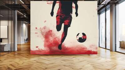 Silhouette of soccer player with ball running with red splatters in background Wall mural