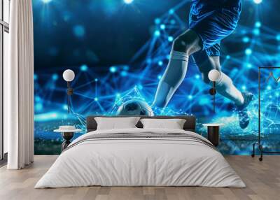 Soccer player in blue kicking ball on digitally enhanced field with blue light and network connections Wall mural