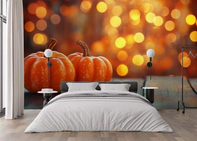 Halloween with Orange Pumpkins on a Wooden Table Against a Bokeh Glowing Background Wall mural