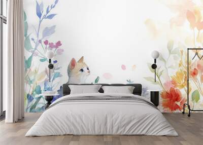 Watercolor Background Portrayal of Cute Cat Wall mural