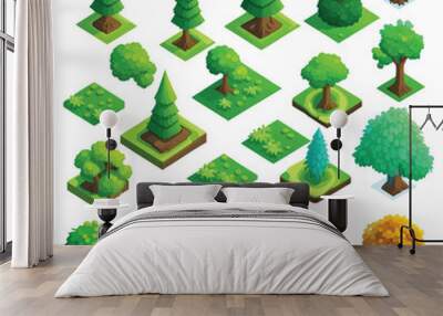 Trees and bushes environment for landscape design, decorative nature elements isometric shape for game assets. Isolated on background. Design element. Wall mural