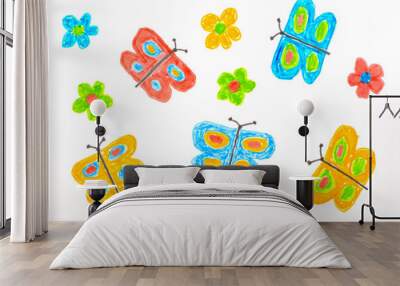 Lots of colored butterflies and flowers on a white background. Children's drawing with felt-tip pens. Wall mural