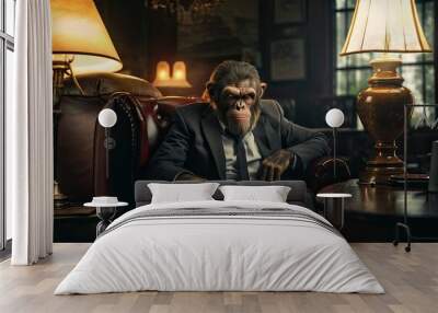 Angry monkey boss in business suit sitting in armchair. Wall mural