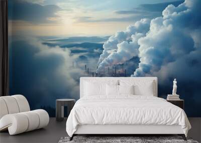 Smoke from chimneys in atmosphere, blue toned, aerial view. Wall mural