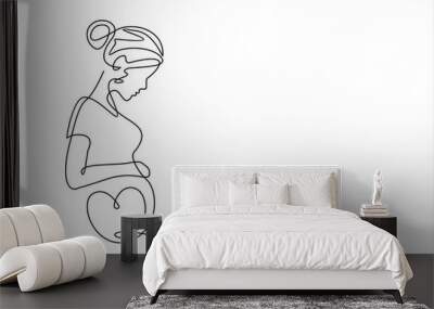 Continuous line drawing of a pregnant woman. One line drawing of a pregnant woman. Pregnant belly. Minimalist contour illustration of a happy mother. Wall mural