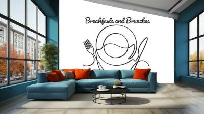 Continuous one line art or One Line Drawing of plate, knife and fork. Restaurant concept hand draw line art design vector illustration for cafe, shop or food delivery service Wall mural