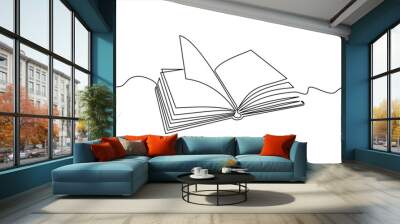 Continuous one line drawing of an open book with flying pages. Vector illustration of back to school, educational supplies. Wall mural