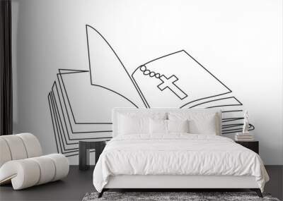 Continuous single one line drawing of open book and cross Wall mural