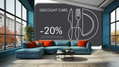 Discount card or voucher fast food restaurant or delivery service, template design with one continuous linear food and drinks composition Wall mural