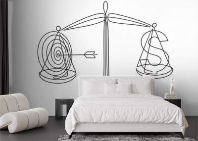 Drawing of business target vs dollar sign on scales. Single line art style Wall mural