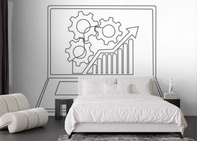 One continuous line drawing of computer laptop with a chart and gears on it. SEO optimization. illustration web analytics design Wall mural