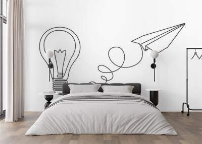 Paper plane flying up connected with light bulb in one continuous line drawing. Airplane in outline style. Startup business idea concept. Vector illustration Wall mural