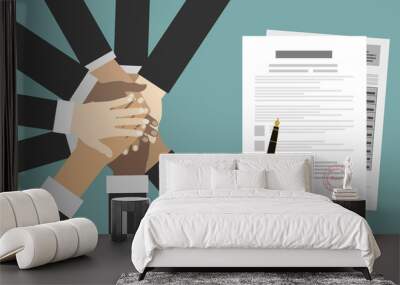 People showing unity with their hands together. Crossed hands and agreement paper. Business team work cooperation and partnership. Vector illustration flat style. Wall mural