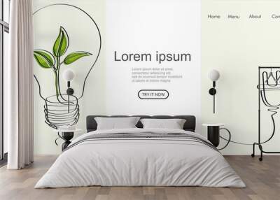 Plant inside Lightbulb with power plug in one line drawing. Creative concept of Eco energy and environmental friendly sources. Web banner. Vector illustration Wall mural