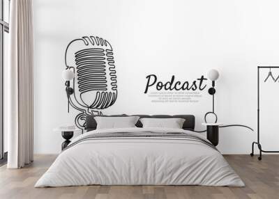 Podcast. Continuous one single line drawing Retro microphone logo icon, tattoo, vector illustration concept Wall mural